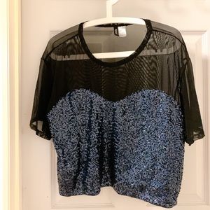 H&M mesh glitter sequins black top size L